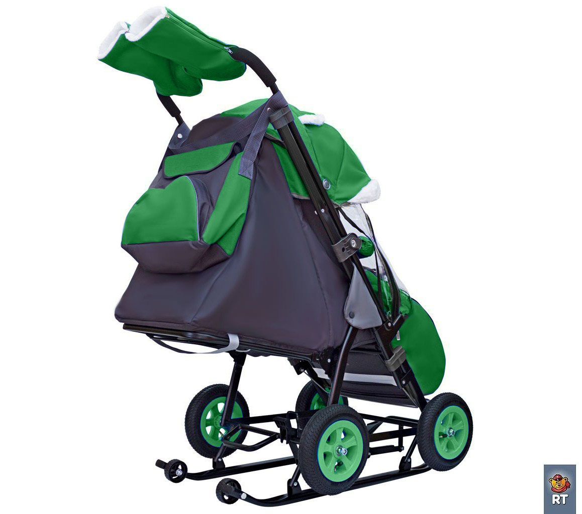 Санки-коляска Snow Galaxy City-1-1, дизайн - Совушки на зелёном, на больших надувных колёсах с сумкой и варежками  